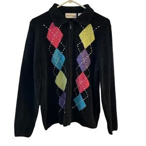 Alfred Dunner Vintage-Style‎ Zip-Up Sweater Multicolor Geo Argyle Size Medium